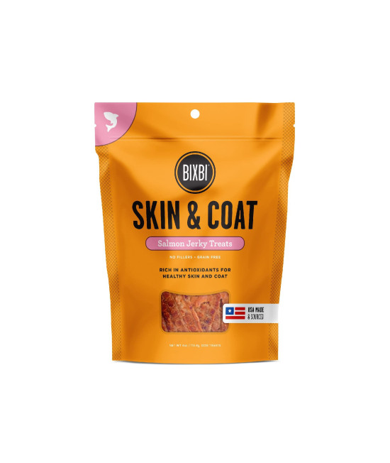 BIXBI Skin & coat Support Salmon Jerky Dog Treats, 4 oz - USA Made grain Free Dog Treats - Antioxidant Rich to Support Shiny, Full Bodied coats - High in Protein, Whole Food Nutrition, No Fillers