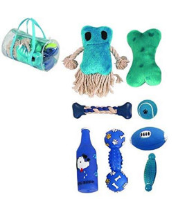 Pet Life Duffle Bag 8 Piece Jute Rope And Rubberized Squeak Chew Pet Dog Toy Gift Set, One Size, Blue