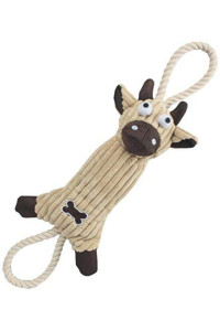Pet Life Plush Cow Eco-Friendly Natural Jute And Rope Squeak Chew Tugging Pet Dog Toy, One Size, Brown
