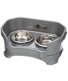 Neater Feeder Deluxe for cats - Mess Proof Pet Feeder with Stainless Steel Food & Water Bowls - Drip Proof Non-Tip and Non-Slip - gunmetal grey