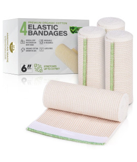 Premium Elastic Bandage Wrap (6 Wide, 4 Pack) - Made of USA grown Organic cotton - Hook Loop Fasteners at Both Ends - gT Latex Free Hypoallergenic compression Roll for Sprains Injuries