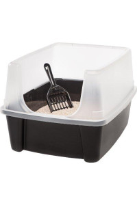 IRIS Open Top Cat Litter Box Kit with Shield and Scoop, Black