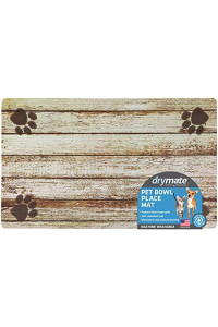 Drymate Pet Bowl Placemat, Dog & Cat Food Feeding Mat - Absorbent Fabric, Waterproof Backing, Slip-Resistant - Machine Washable/Durable (USA Made) (12 x 20) (Distressed Wood Tan)