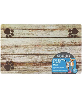 Drymate Pet Bowl Placemat, Dog & Cat Food Feeding Mat - Absorbent Fabric, Waterproof Backing, Slip-Resistant - Machine Washable/Durable (USA Made) (12 x 20) (Distressed Wood Tan)