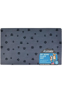 Drymate Pet Bowl Placemat, Dog & Cat Food Feeding Mat - Absorbent Fabric, Waterproof Backing, Slip-Resistant - Machine Washable/Durable (USA Made) (12 x 20) (Grey Stripe Black Paw)