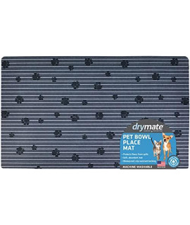 Drymate Pet Bowl Placemat, Dog & Cat Food Feeding Mat - Absorbent Fabric, Waterproof Backing, Slip-Resistant - Machine Washable/Durable (USA Made) (12 x 20) (Grey Stripe Black Paw)