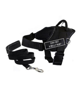 Dean and Tyler Bundle - DT Fun Nylon Harness With cAN I gET A BELLY RUB Patch - Black With Reflective Trim - Large - Fits girth Size 32 To 42 Plus One Padded Puppy Leash - 6 FT - Single Ply With Black Padding and Stainless Steel Snap.