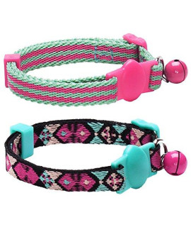 Blueberry Pet Pack Of 2 Cat Collars, Geometric Design Adjustable Breakaway Cat Collar In Warm And Low-Bright Colors With Bell, Neck 9-13