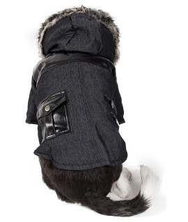 Pet Life Ruff-choppered Denim Fashioned Wool Dog coat - Fall and Winter Dog Jacket with Designer Trims and Details