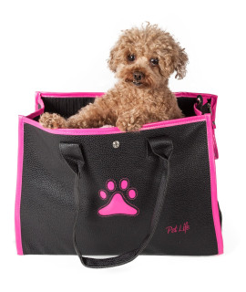 PET LIFE Posh Paw Designer Fashion Travel Folding Pet Dog carrier One Size BlackWith Pink Paw Print