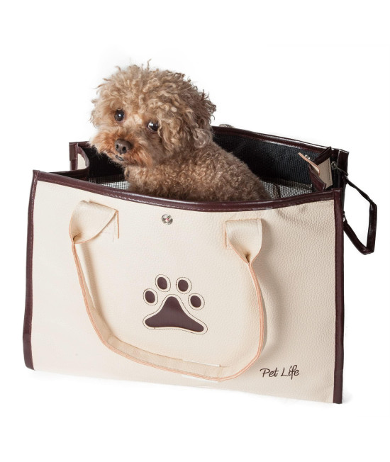 PET LIFE Posh Paw' Designer Fashion Travel Folding Pet Dog Carrier, One Size, White/Brown Paw Print