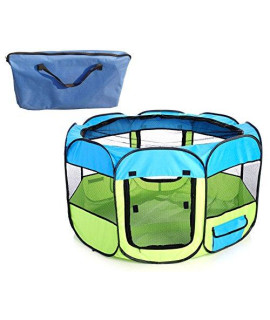 PET LIFE All-Terrain Lightweight Easy Folding Wire-Framed collapsible Travel Pet Dog Playpen crate Medium Light Blue And Light Yellow