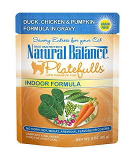 Natural Balance Platefulls Indoor Duck, Chicken & Pumpkin Cat Food In Gravy | Premium Grain-Free Wet Food For Indoor Cats | 3-Oz. Pouch (Pack Of 24)