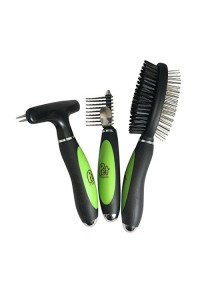 Pet Magasin Professional Grooming Brushes (Pack of 3) Double Sided Brush, Long Tooth Undercoat Dog Rake & De-Matting Comb for Dogs, Cats & Other Animals, Green & Black (DogBrushesTop)