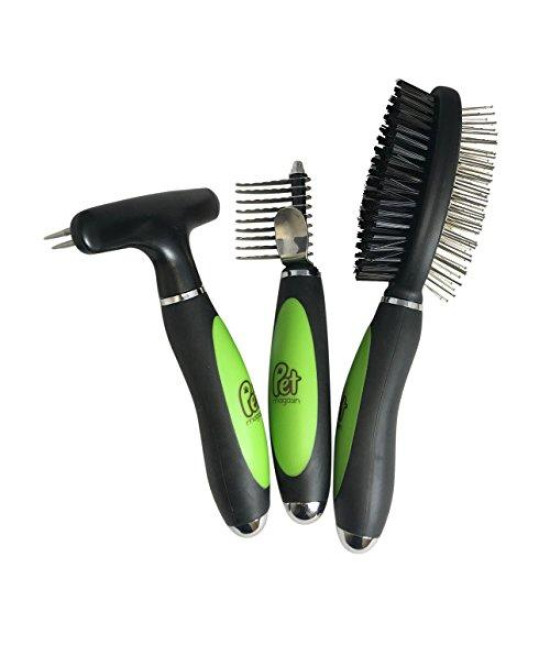 Pet Magasin Professional Grooming Brushes (Pack of 3) Double Sided Brush, Long Tooth Undercoat Dog Rake & De-Matting Comb for Dogs, Cats & Other Animals, Green & Black (DogBrushesTop)