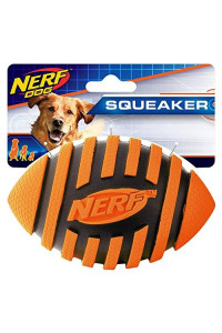 Nerf Dog Rubber Football Dog Toy with Spiral Squeaker, Lightweight, Durable and Water Resistant, 5 Inch Diameter for Medium/Large Breeds, Single Unit, Orange (8915)