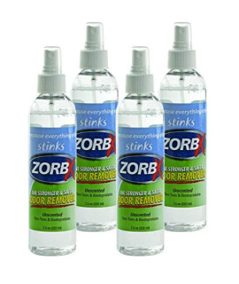ZORBX Unscented Multipurpose Odor Remover -Safe for All Even children No Harsh chemicals Perfumes or Fragrances Stronger and Safer Odor Eliminator Works Instantly 7.5 oz Each (Pack of 4)