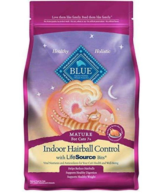 Blue Buffalo Indoor Hairball Natural Mature Dry Cat Food, Chicken & Brown Rice 7-lb