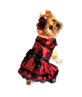 DOGGIE DESIGN Iridescent Burgundy Satin and Black Lace Dress with Headpiece (S)