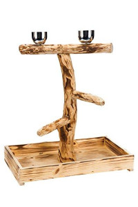 Penn-Plax Wood Bird Perch with 2 Stainless Steel Feeding Cups and Drop Tray for Large Birds - 19 Inch Height