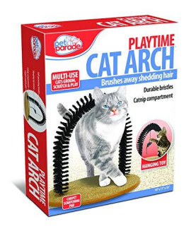 Pet Parade Self-Grooming Playtime Cat Arch - Helps Prevent Hairballs & Controls Shedding - Includes Hanging Toy, Black