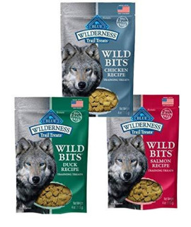 Blue Buffalo Wilderness Trail Treats Grain-Free Wild Bits Dog Treats - 3 Flavors (Salmon, Chicken, & Duck) - 4 Ounces Each (3 Total Pouches)
