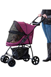 Pet Gear No-Zip Happy Trails Lite Pet Stroller for Cats/Dogs, Zipperless Entry, Easy Fold with Removable Liner, Storage Basket + Cup Holder, Boysenberry