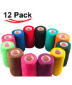 4 Inch Vet Wrap Tape Bulk (Assorted Colors) (Pack of 12) Self Adhesive Adherent Adhering Flex Bandage Grip Roll for Dog Cat Pet Horse