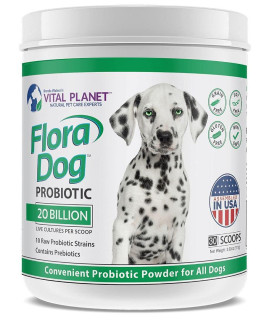 Vital Planet - Flora Dog Powder Probiotic Supplement with 20 Billion cultures and 10 Strains High Potency Immune and Digestive Support Probiotics for Dogs 3.92 oz 111 grams 30 Servings
