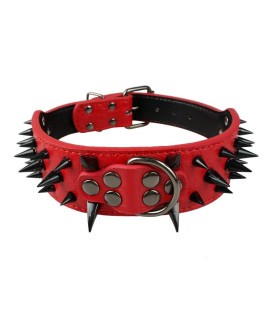 Berry Pet Sharp Spiked Studded Dog Collar - Stylish Leather Dog Collars - 2 Inch in Width Fit for Medium & Large Dogs - Such as Pitbull Mastiff - Black Rivets & Red Leather,21-24