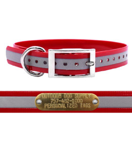 Outdoor Dog Supplys 1 Wide Reflective D Ring Dog collar Strap with custom Brass Name Plate (18 Long, Reflective Red)