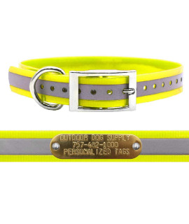 Outdoor Dog Supplys 1 Wide Reflective D Ring Dog collar Strap with custom Brass Name Plate (18 Long, Reflective Yellow)