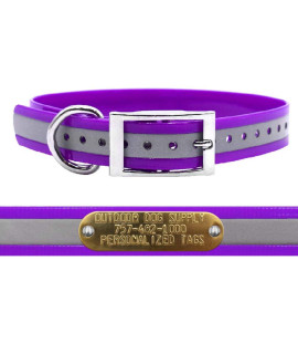 Outdoor Dog Supplys 1 Wide Reflective D Ring Dog collar Strap with custom Brass Name Plate (18 Long, Reflective Purple)