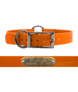 Outdoor Dog Supplys 1 Wide Solid Ring In Center Dog Collar Strap With Custom Brass Name Plate (18 Long, Orange)