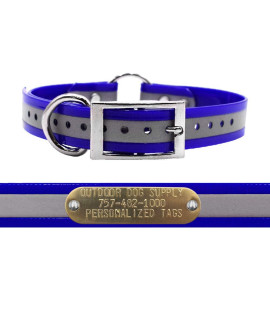 Outdoor Dog Supplys 1 Wide Reflective Ring in center Dog collar Strap with custom Brass Name Plate (18 Long, Reflective Dark Blue)