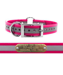 Outdoor Dog Supplys 1 Wide Reflective Ring in center Dog collar Strap with custom Brass Name Plate (18 Long, Reflective Pink)