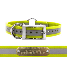 Outdoor Dog Supplys 1 Wide Reflective Ring in center Dog collar Strap with custom Brass Name Plate (18 Long, Reflective Yellow)