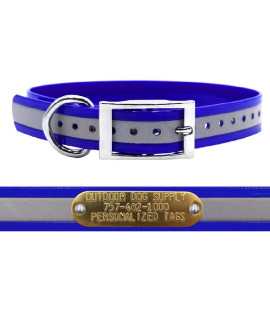 Outdoor Dog Supplys 1 Wide Reflective D Ring Dog collar Strap with custom Brass Name Plate (21 Long, Reflective Dark Blue)