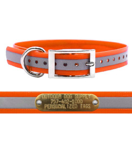 Outdoor Dog Supplys 1 Wide Reflective D Ring Dog collar Strap with custom Brass Name Plate (21 Long, Reflective Orange)