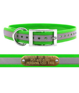 Outdoor Dog Supplys 1 Wide Reflective D Ring Dog collar Strap with custom Brass Name Plate (21 Long, Reflective Lime green)
