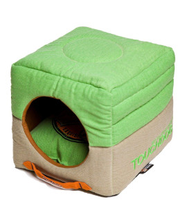 TOUcHDOg Vintage Squared convertible and Reversible Retro Printed 2-in-1 collapsible Pet Dog cat House Bed One Size Mint green Khaki