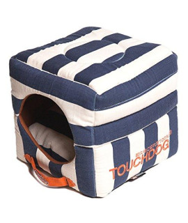 TOUCHDOG Polo-Striped Convertible Squared 2-in-1 Collapsible Pet Dog Cat Bed House, One Size, Blue, White