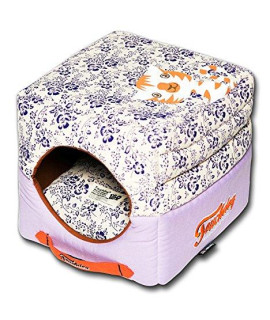 TOUCHDOG Floral-Galoral Convertible Squared 2-in-1 Fashion Designer Collapsible Pet Dog Bed House, One Size, Lavender Purple, Cream White