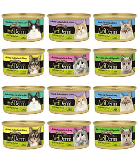 AvoDerm Grain-Free Cat Food 6 Flavor Variety Bundle: (2) Tuna&Chicken, (2) Chicken&Duck, (2) Chicken Chunks, (2) Tuna&Crab, (2) Sardines, Shrimp&Crab, and (2) Salmon&Chicken, 3 Oz Each (12 Cans Total)