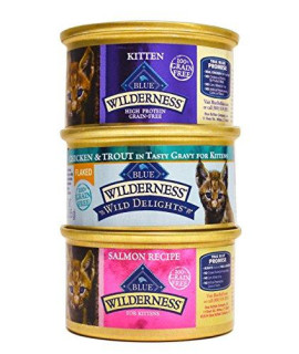 Blue Buffalo Wilderness grain-Free Kitten cat Food Variety Pack Box - 3 Flavors (Salmon chicken & Flaked Wild Delights chicken & Trout) - 12 (3 Ounce) cans - 4 of Each Flavor