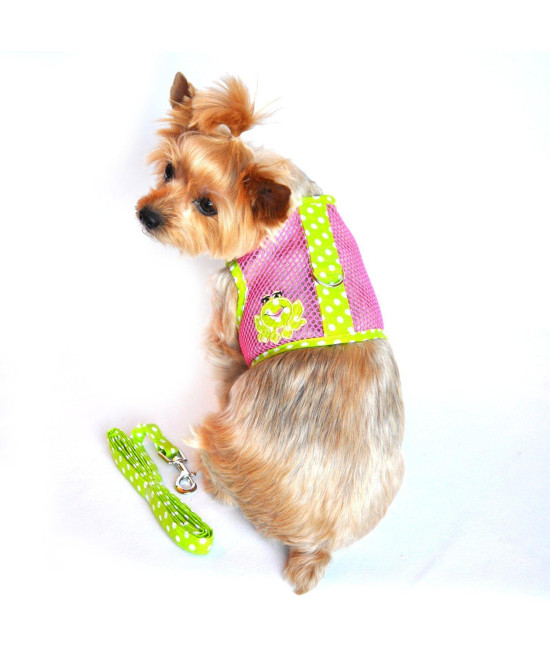 Doggie Design Cool Mesh Harness Under the Sea Collection - Frog Green Dot & Pink XS