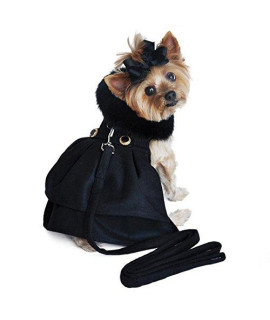 Doggie Design Black Wool and Black Fur Collar Harness Coat XL