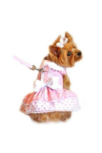 DOGGIE DESIGN Pink Polka Dot and Lace Dog Harness Dress Set XS