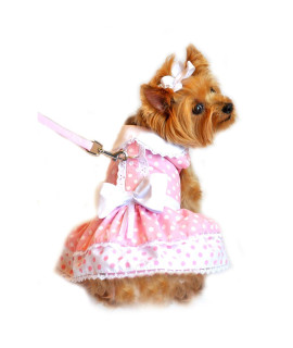DOGGIE DESIGN Pink Polka Dot and Lace Dog Harness Dress Set L