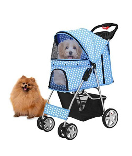 Flexzion Pet Stroller (Sky Blue Dot) Dog cat Small Animals carrier cage 4 Wheels Folding Flexible Easy to carry for Jogger Jogging Walking Travel Up to 30 Pounds with Sun Shade cup Holder Mesh Window